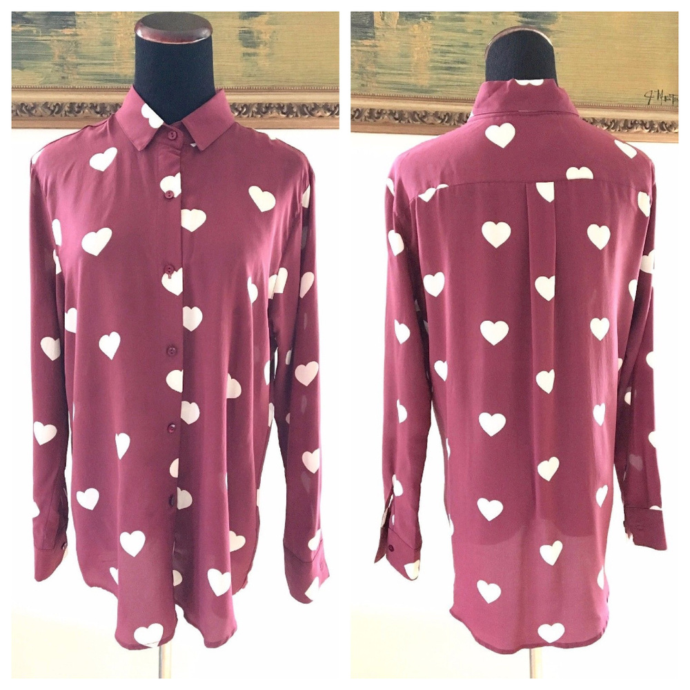 Silk Blouse Shirt Red Heart Pattern Valentine M